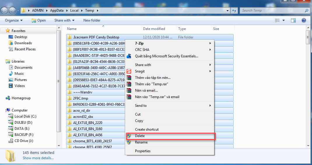 máy tính chậm, xóa hết file trong thư mục temp đi
