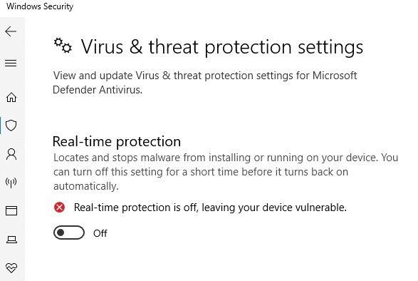 tắt tạm thời Windows Defender