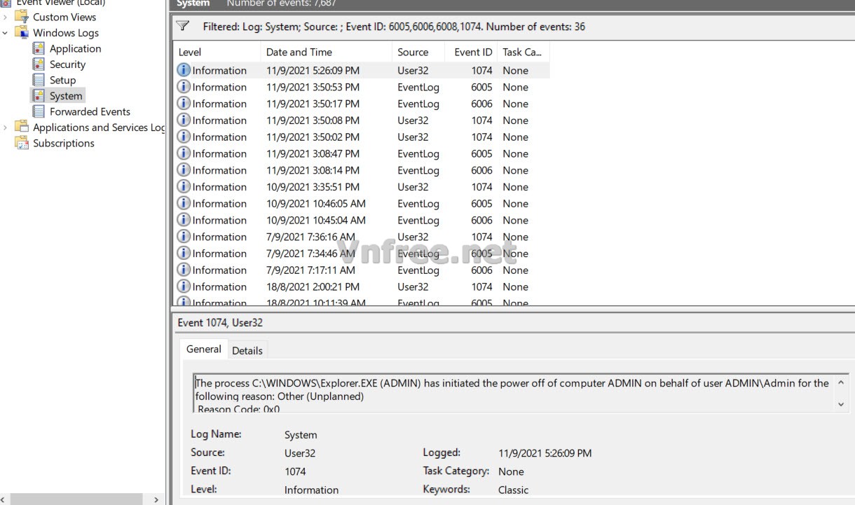 Kiểm tra thời gian tắt mở máy tính bằng Event Viewer