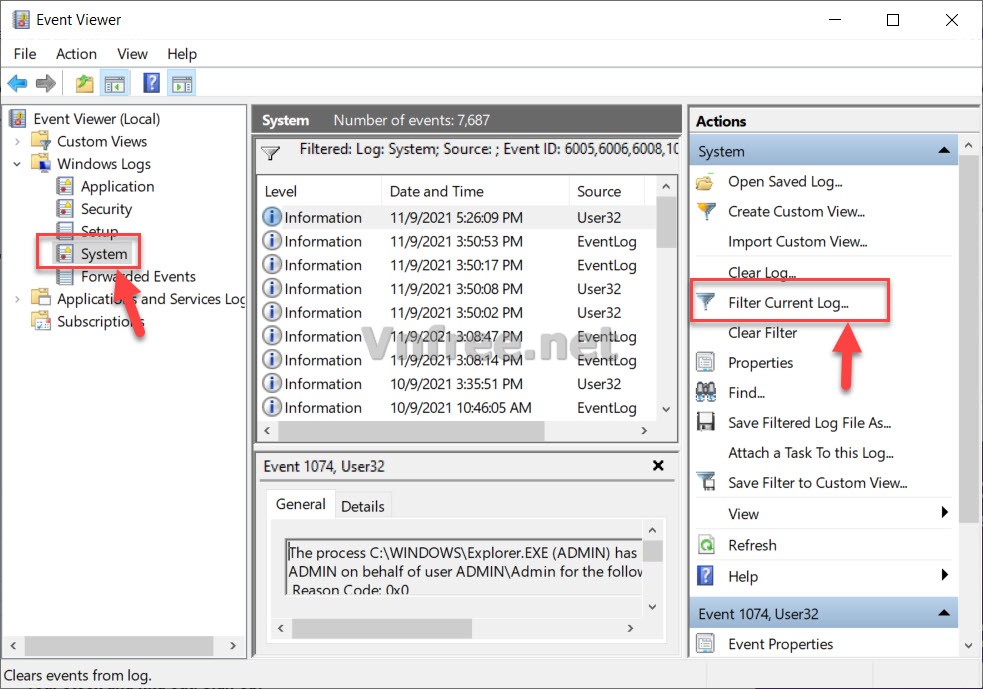 Kiểm tra thời gian tắt mở máy tính bằng Event Viewer