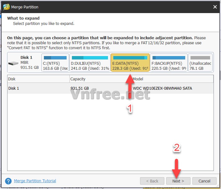 Gộp phân vùng không làm mất dữ liệu