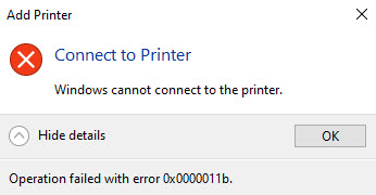 Windows cannot connect to printer 0x0000011b